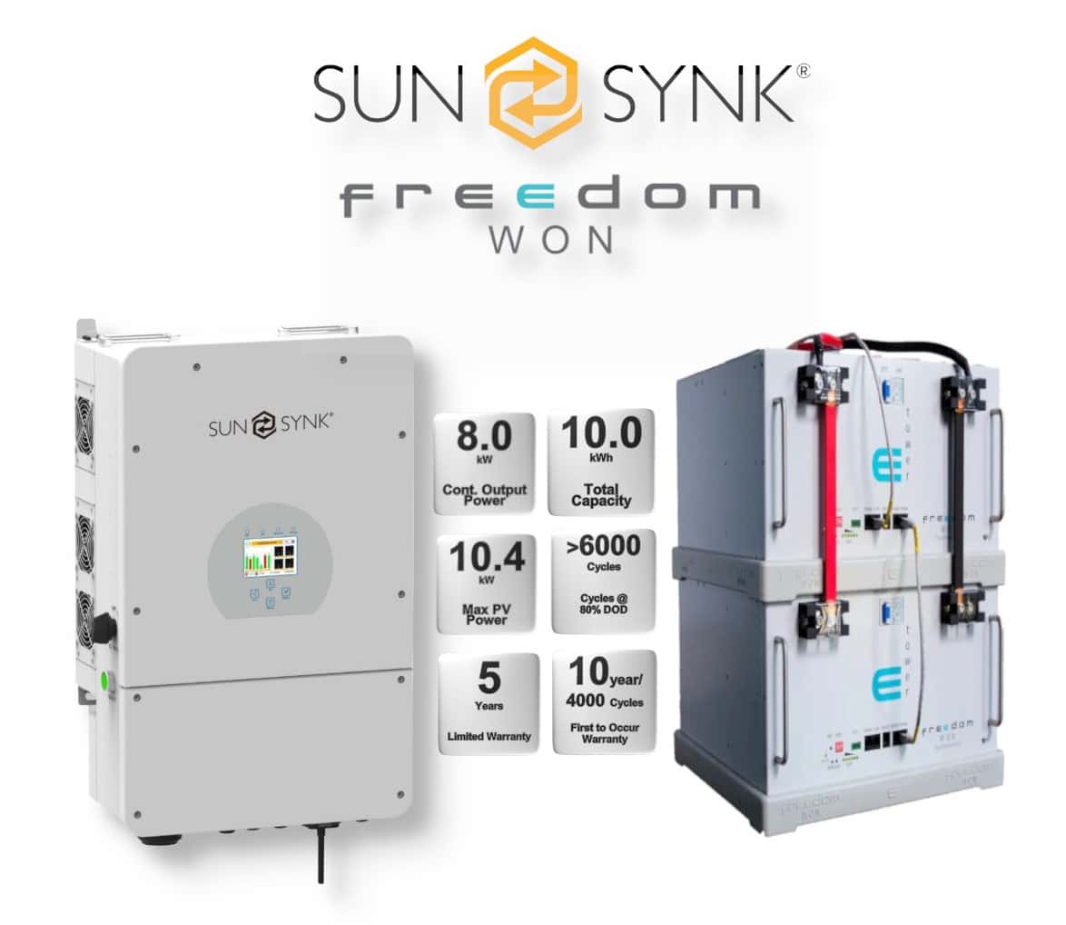 8.0 kW SUNSYNK Hybrid - FREEDOM WON Combo, c/w 2x 5.0 kWh Lithium Batteries 8.0 kW SUNSYNK Hybrid - FREEDOM WON Combo, c/w 2x 5.0 kWh Lithium Batteries
