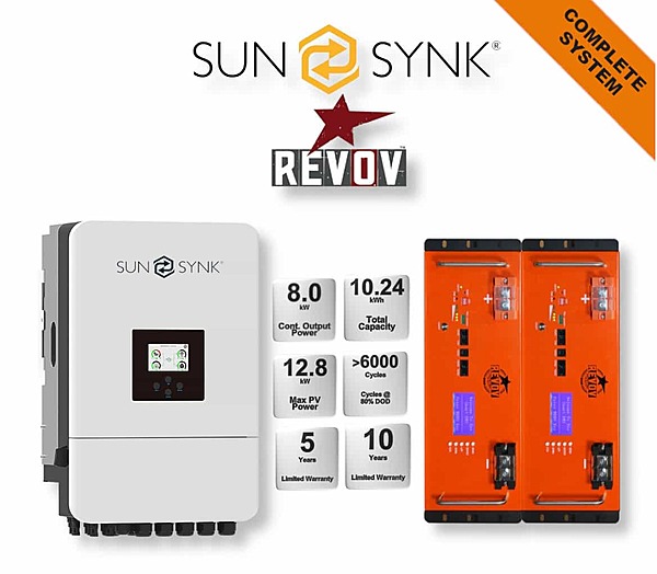 8.0 kW SUNSYNK Hybrid - REVOV Combo, c/w 2x 5.12 kWh Lithium Batteries