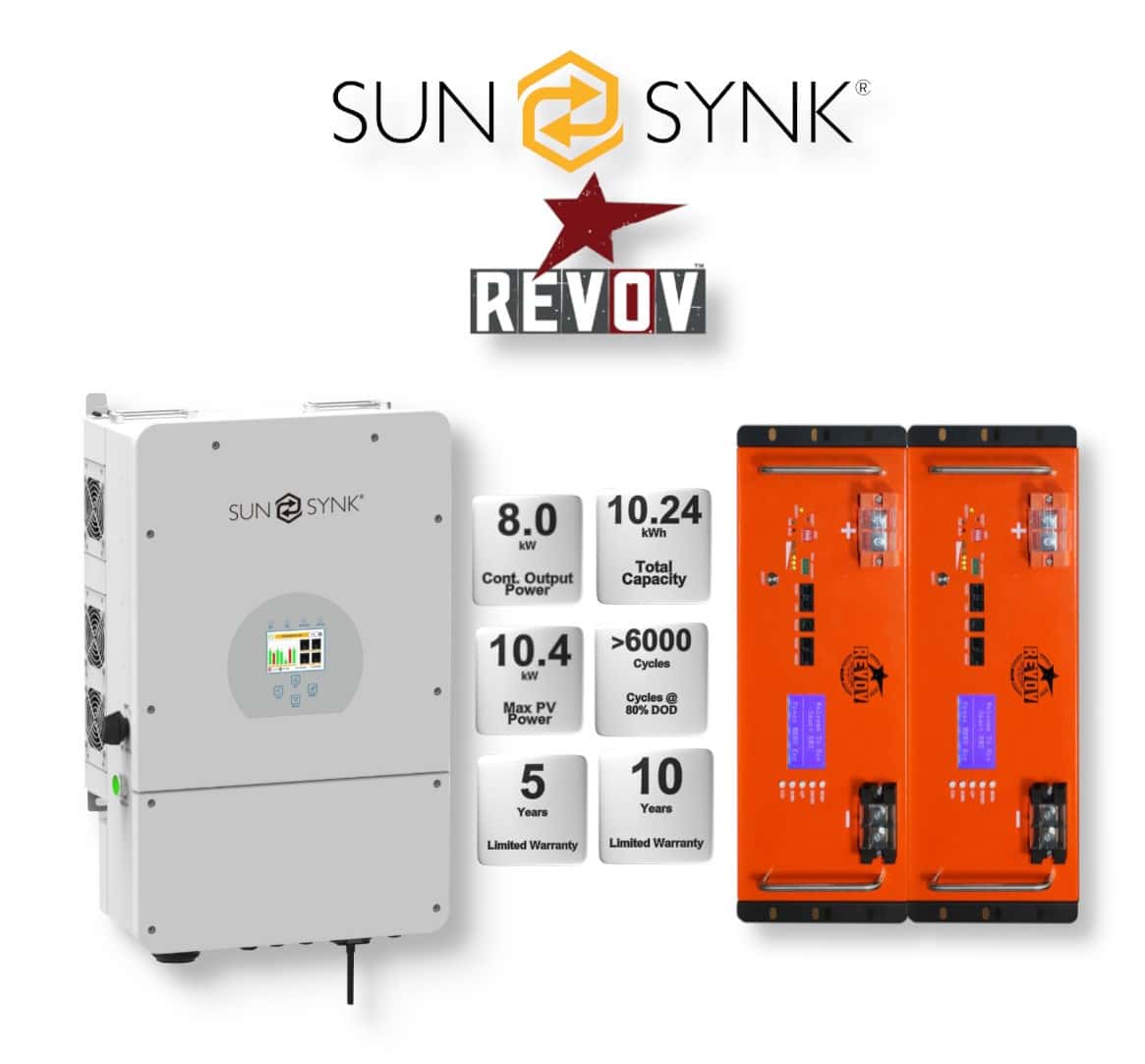 8.0 kW SUNSYNK Hybrid - REVOV Combo, c/w 2x 5.12 kWh Lithium Batteries 8.0 kW SUNSYNK Hybrid - REVOV Combo, c/w 2x 5.12 kWh Lithium Batteries