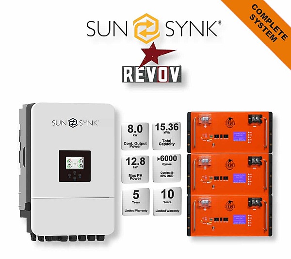 8.0 kW SUNSYNK Hybrid - REVOV Combo, c/w 3x 5.12 kWh Lithium Batteries