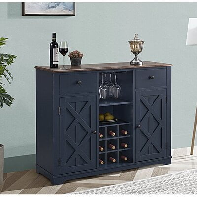 Farmhouse Blue Wine Bar Cabinet | Rustic Liquor Storage with Wine Rack & Glass Holder