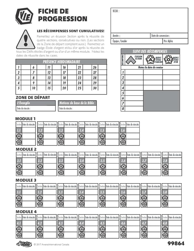 Fiche de progression des membres du club V.I.E., Paquet de 10 Fiche de progression des membres du club V.I.E., Paquet de 10