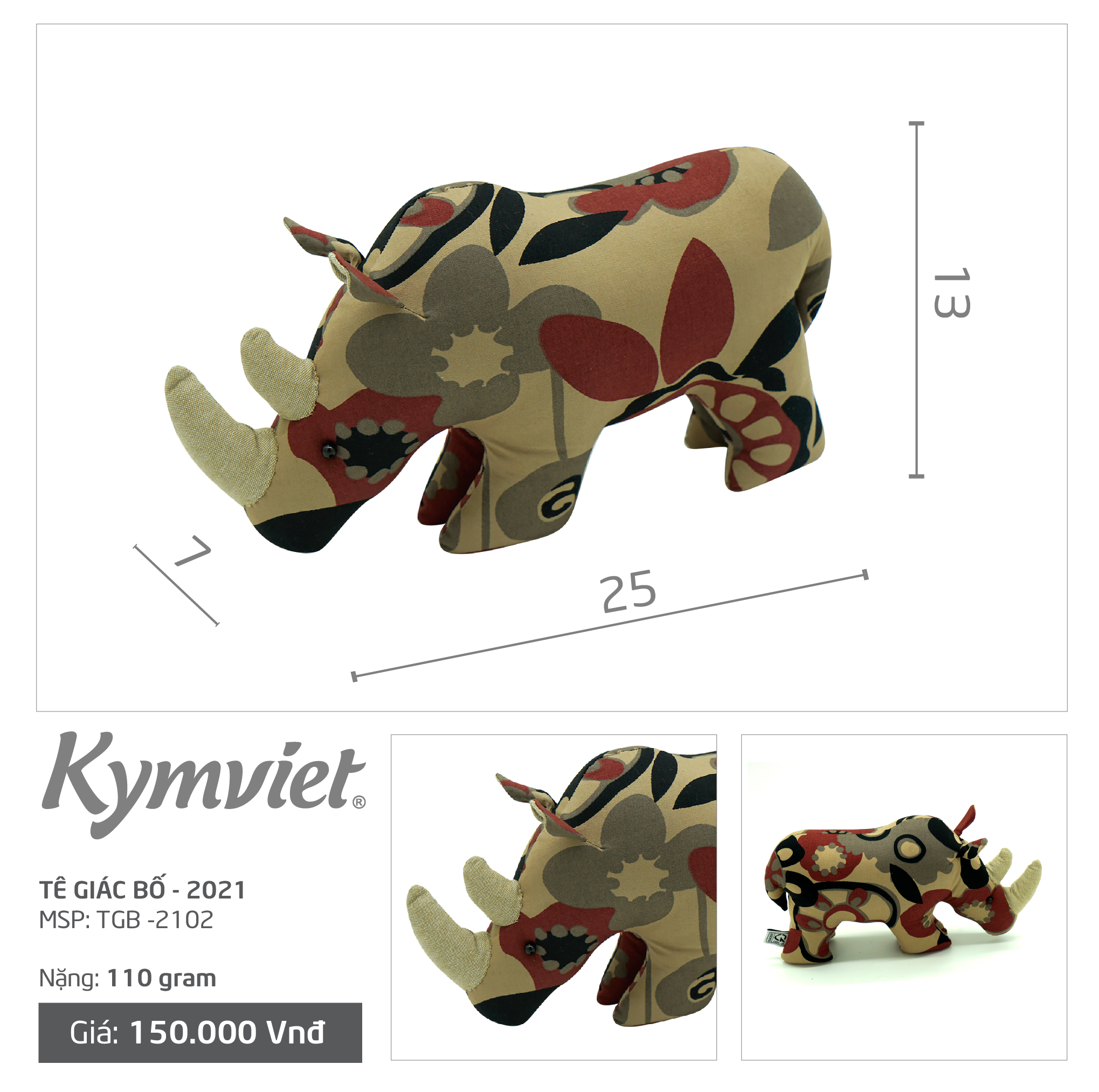 Đồ Chơi Nhồi Bông Hình Tê Giác Bố Kymviet 100% Handmade Cotton [TGB-2102]