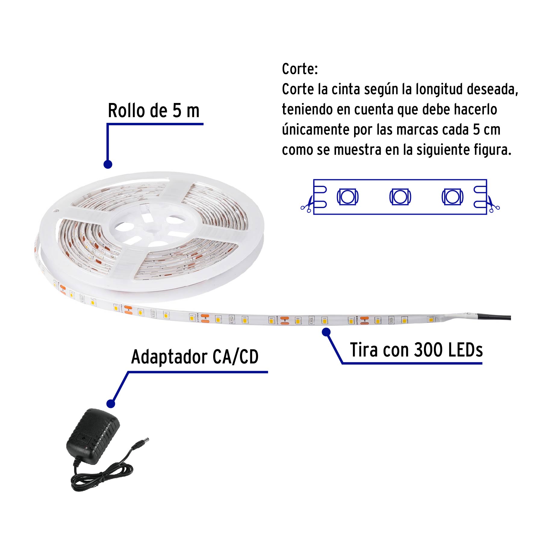 Tira de LED de 5 m 18 W para interior y exterior luz de día - TIR-001L / 46368