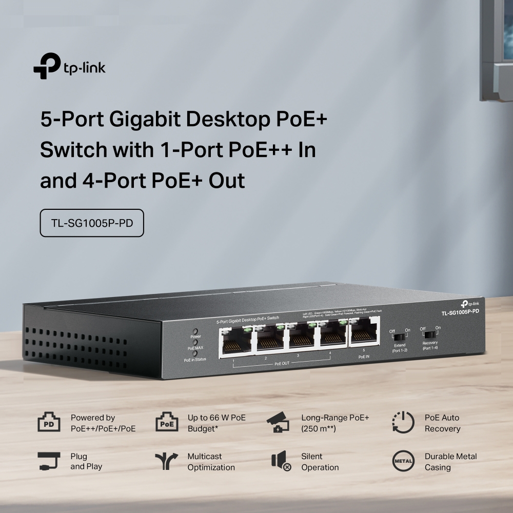 TP-Link Switch 5-Port Gigabit Desktop PoE+ Switch with 1-Port PoE++ In and 4-Port PoE+Out
