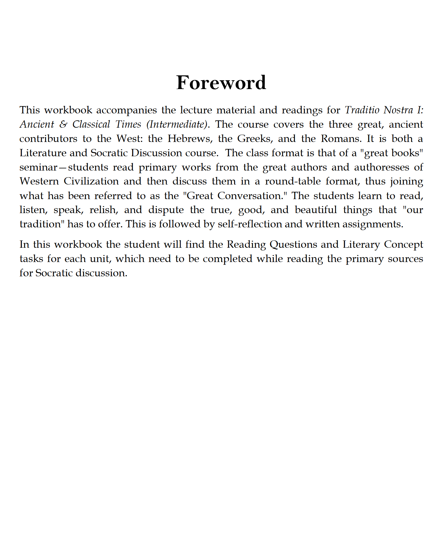 Ancient & Classical Times Workbook: Traditio Nostra I Ancient & Classical Times Workbook: Traditio Nostra I