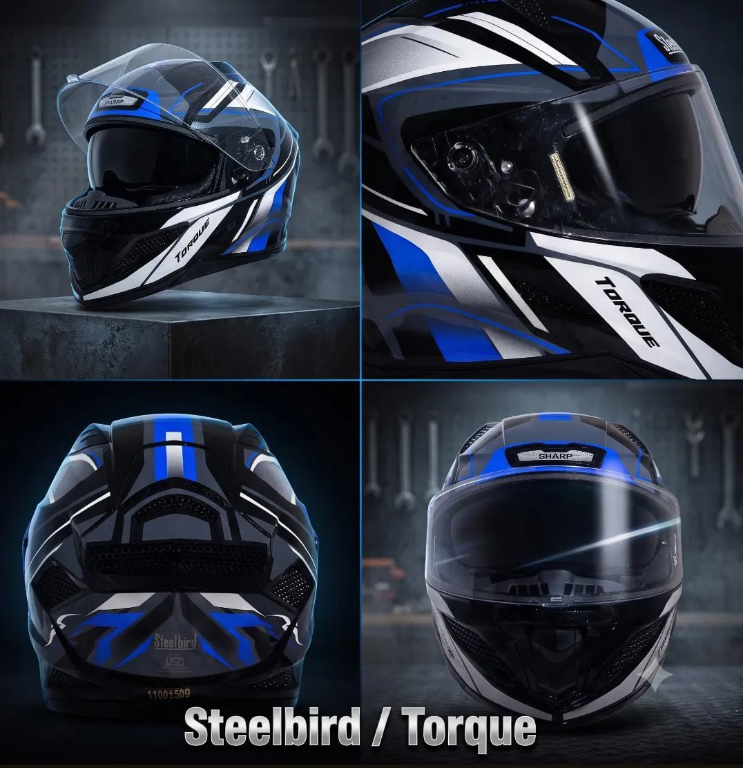 STEELBIRD SBH-25 SHARP ISS MATT TORQUE BLACK BLUE/ WHITE C/V 580 MM STEELBIRD SBH-25 SHARP ISS MATT TORQUE BLACK BLUE/ WHITE C/V 580 MM