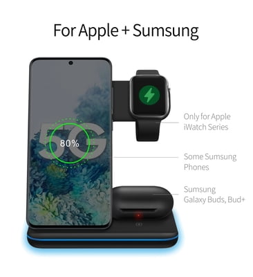 3 in 1 Premium wireless charging stand with LED Light for iPhone, AirPods and Apple Watch
