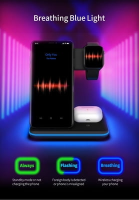 3 in 1 Premium wireless charging stand with LED Light for iPhone, AirPods and Apple Watch