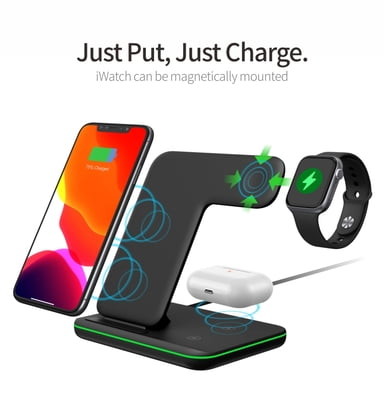 3 in 1 Premium wireless charging stand with LED Light for iPhone, AirPods and Apple Watch
