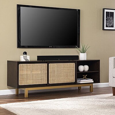 Boho Rattan & Wood TV Stand with Gold Legs - Media Console & Entertainment Unit