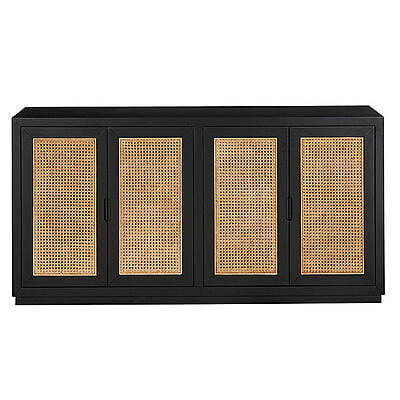 Black Rattan Weave Accent Cabinet - Modern Coastal Storage Unit