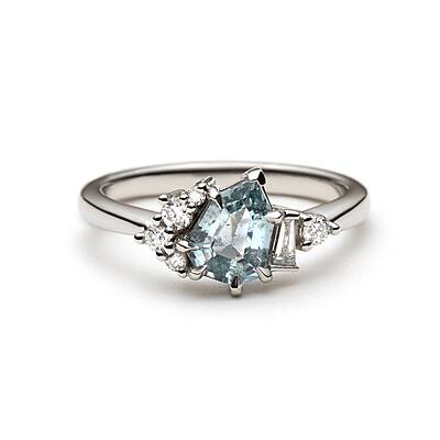 One of a Kind Geometric Pear Shape Teal Sapphire and Diamond Ring