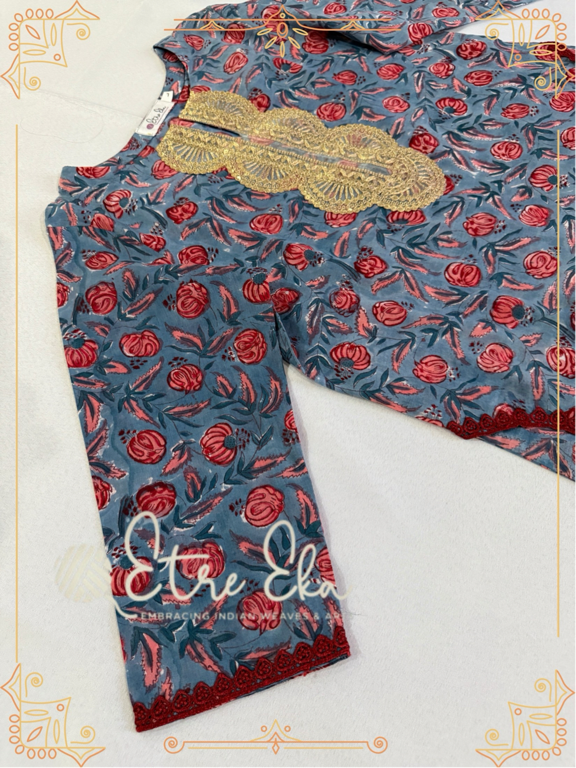 Sanganeri Floral Hand Block Printed Blue and Red Cotton Kurti Set -Casual Wear - 3/4th sleeves