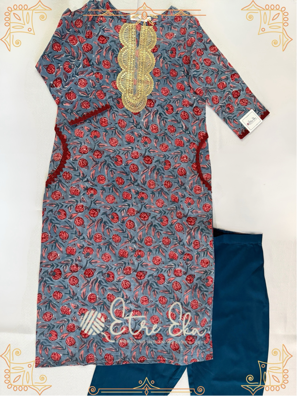 Sanganeri Floral Hand Block Printed Blue and Red Cotton Kurti Set -Casual Wear - 3/4th sleeves