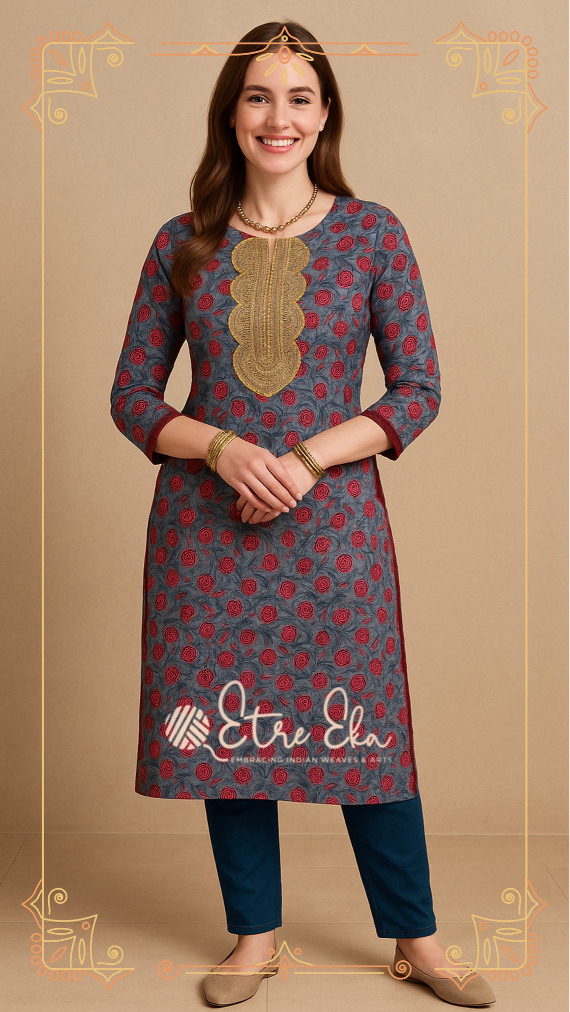 Sanganeri Floral Hand Block Printed Blue and Red Cotton Kurti Set -Casual Wear - 3/4th sleeves