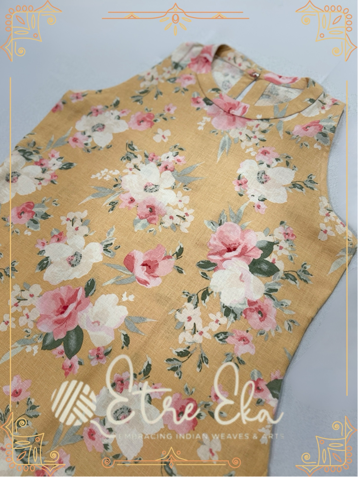 Yellow Floral printed Linen Long Dress - Casual Wear-  sleeveless