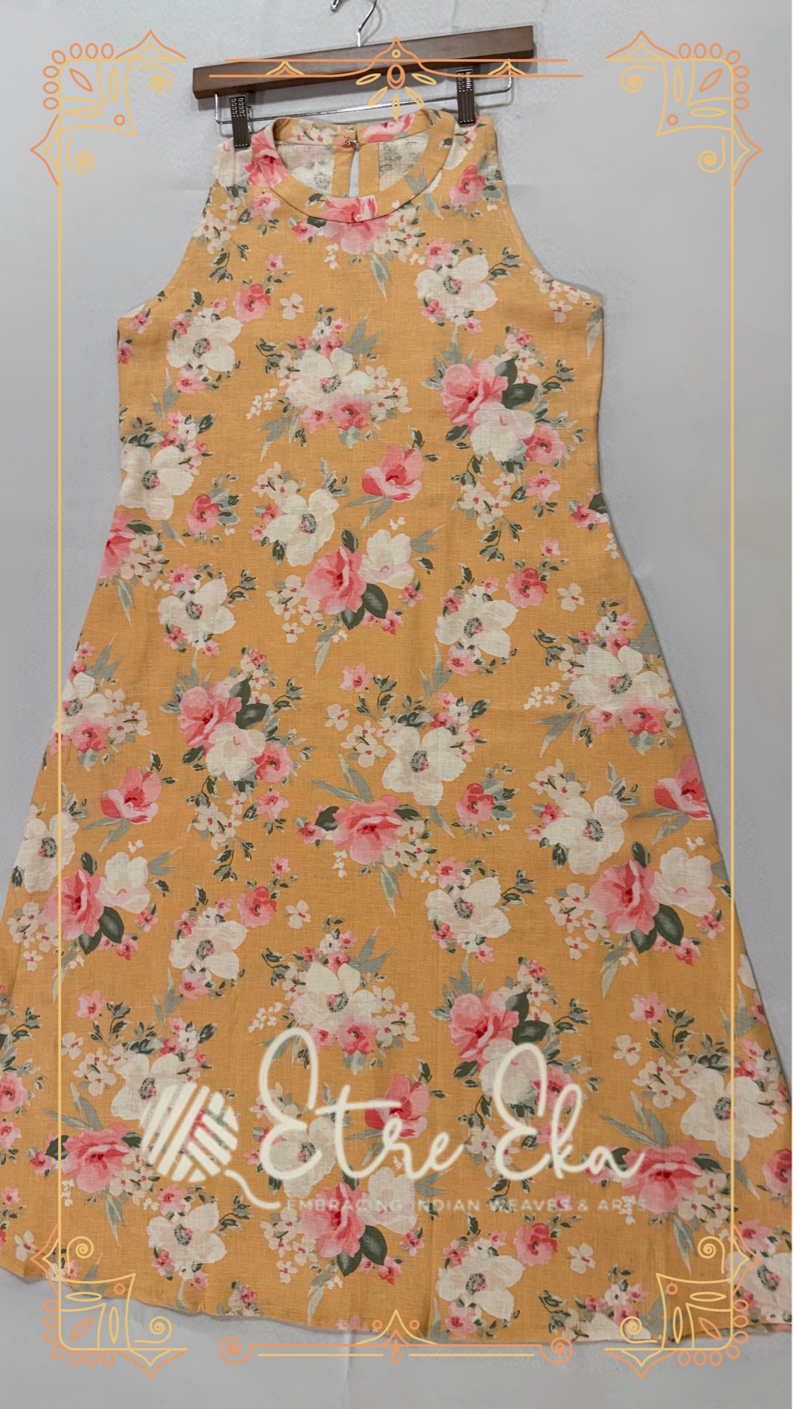 Yellow Floral printed Linen Long Dress - Casual Wear-  sleeveless