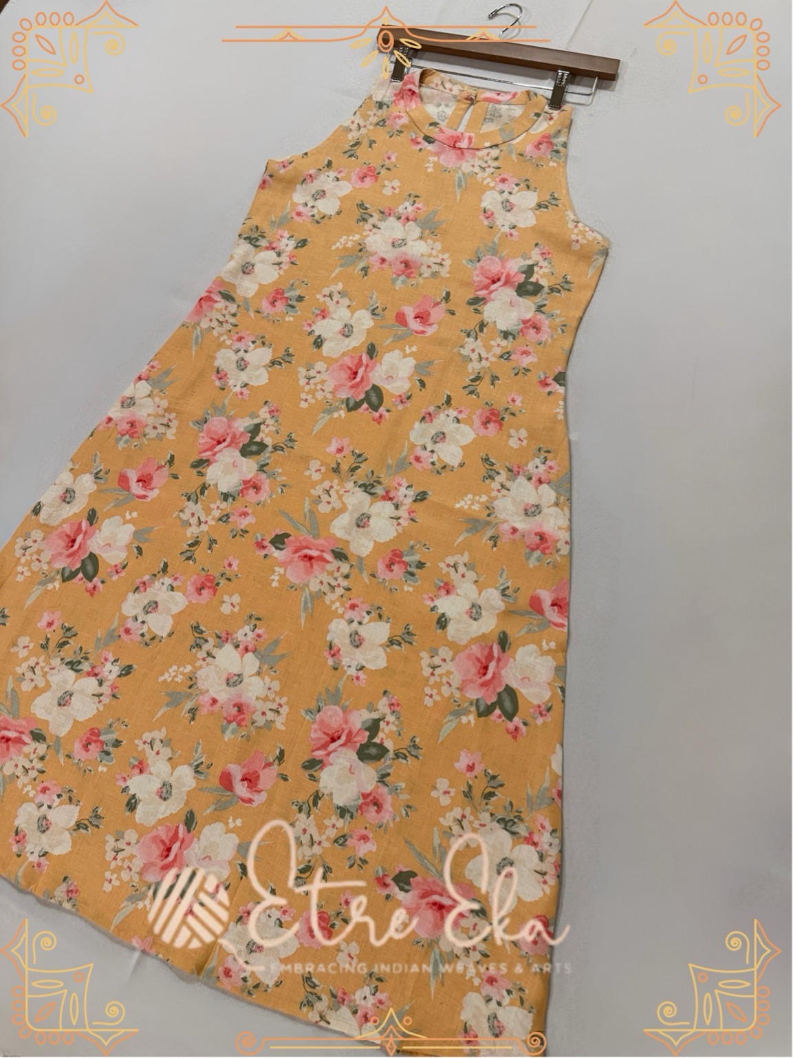 Yellow Floral printed Linen Long Dress - Casual Wear-  sleeveless