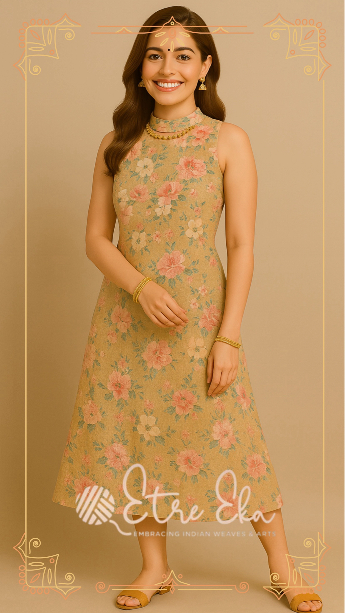 Yellow Floral printed Linen Long Dress - Casual Wear-  sleeveless