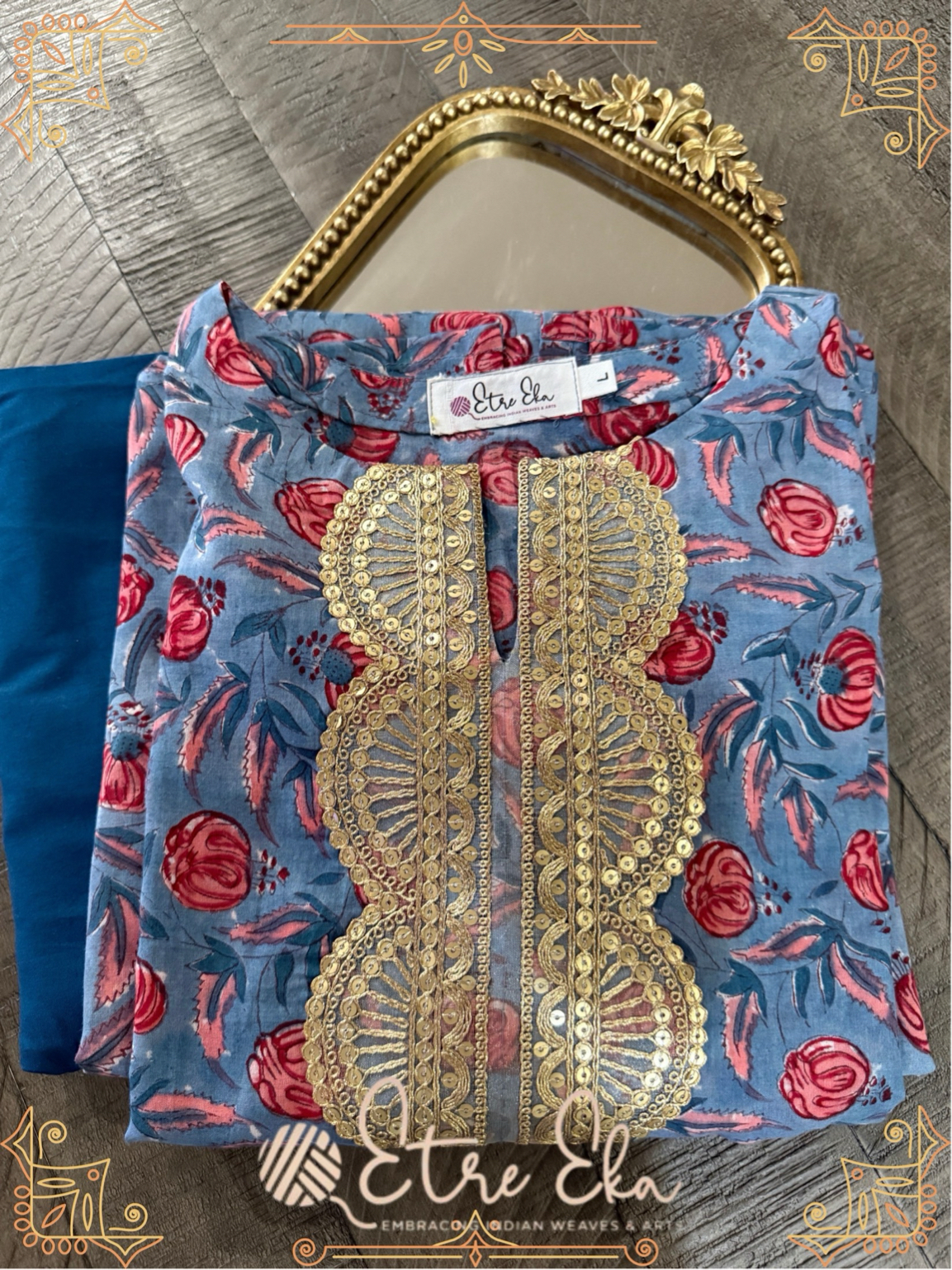 Sanganeri Floral Hand Block Printed Blue and Red Cotton Kurti Set -Casual Wear - 3/4th sleeves