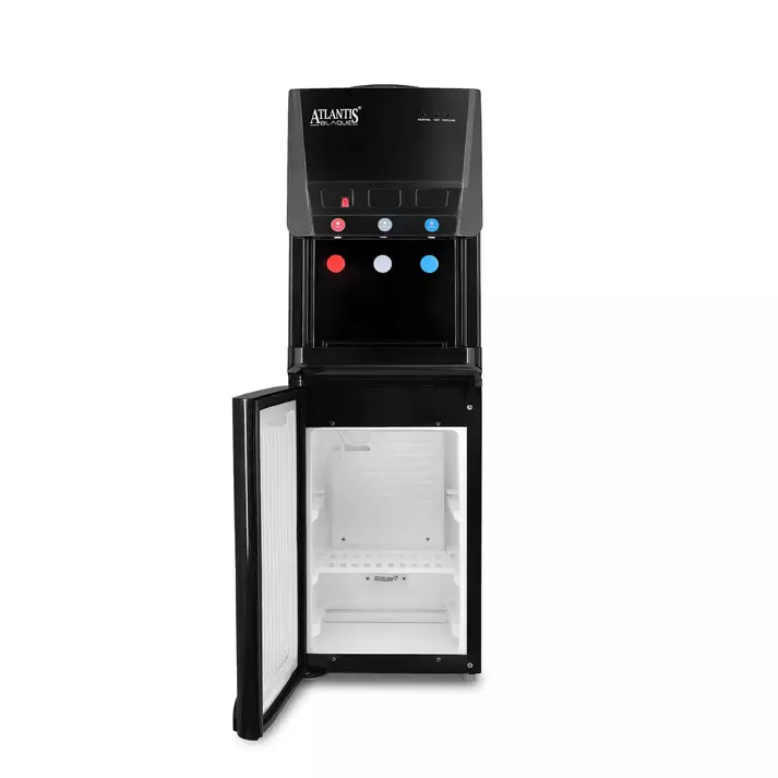 The sleek, Atlantis Blaque Water Dispenser With 18 Liter Cooling Cabinet in a modern office. The sleek, Atlantis Blaque Water Dispenser With 18 Liter Cooling Cabinet in a modern office.