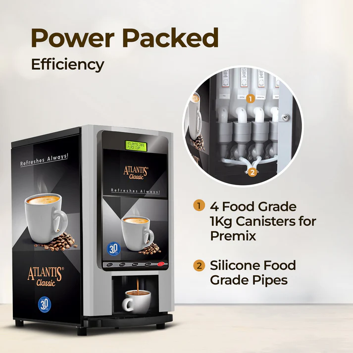 The variety of drinks, like tea and coffee, served by the Atlantis vending machine. The variety of drinks, like tea and coffee, served by the Atlantis vending machine.