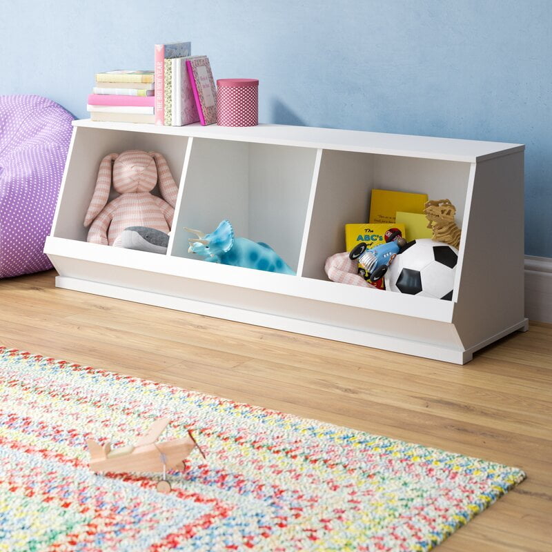 Low Profile Kids Toy Organizer Shelf – White Wooden Storage with 3 Open Cubbies Low Profile Kids Toy Organizer Shelf – White Wooden Storage with 3 Open Cubbies