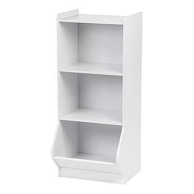 Vertical Kids Toy Organizer Shelf – 3-Tier White Wooden Storage Rack for Toys & Books