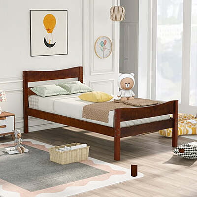 Classic Wooden Twin Bed for Kids – Solid Wood Frame with Curved Headboard