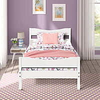 White Wooden Kids Bed with Floral Bedding – Simple & Classic Design White Wooden Kids Bed with Floral Bedding – Simple & Classic Design