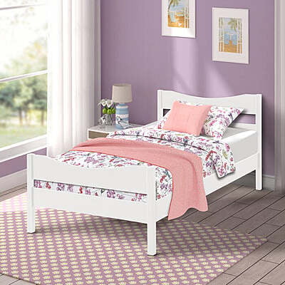 White Wooden Kids Bed with Floral Bedding – Simple & Classic Design