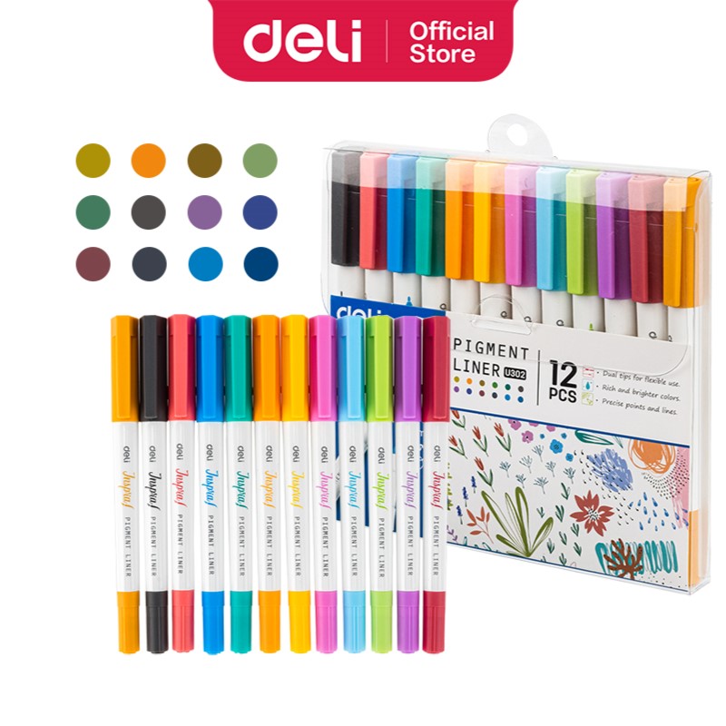 DELI U302 INSPIRA DUAL-TIP PIGMENT LINER ASST PK/12