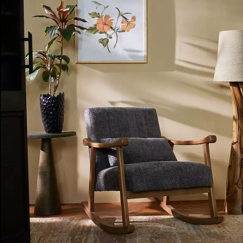 Taal Wooden Rocking Chair in Grey Bucle