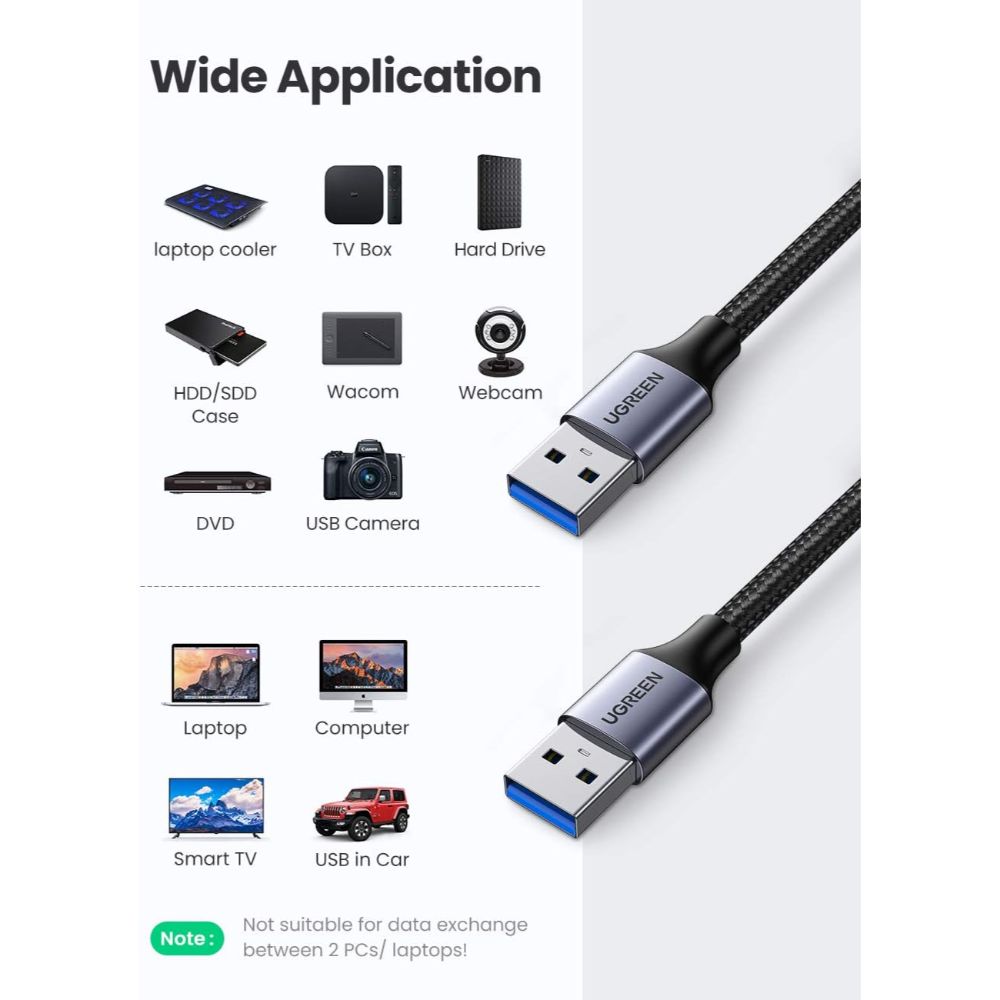 UGREEN USB-A Male to USB-A Male USB 3.0 Alu Case Braided Cable 2M Black