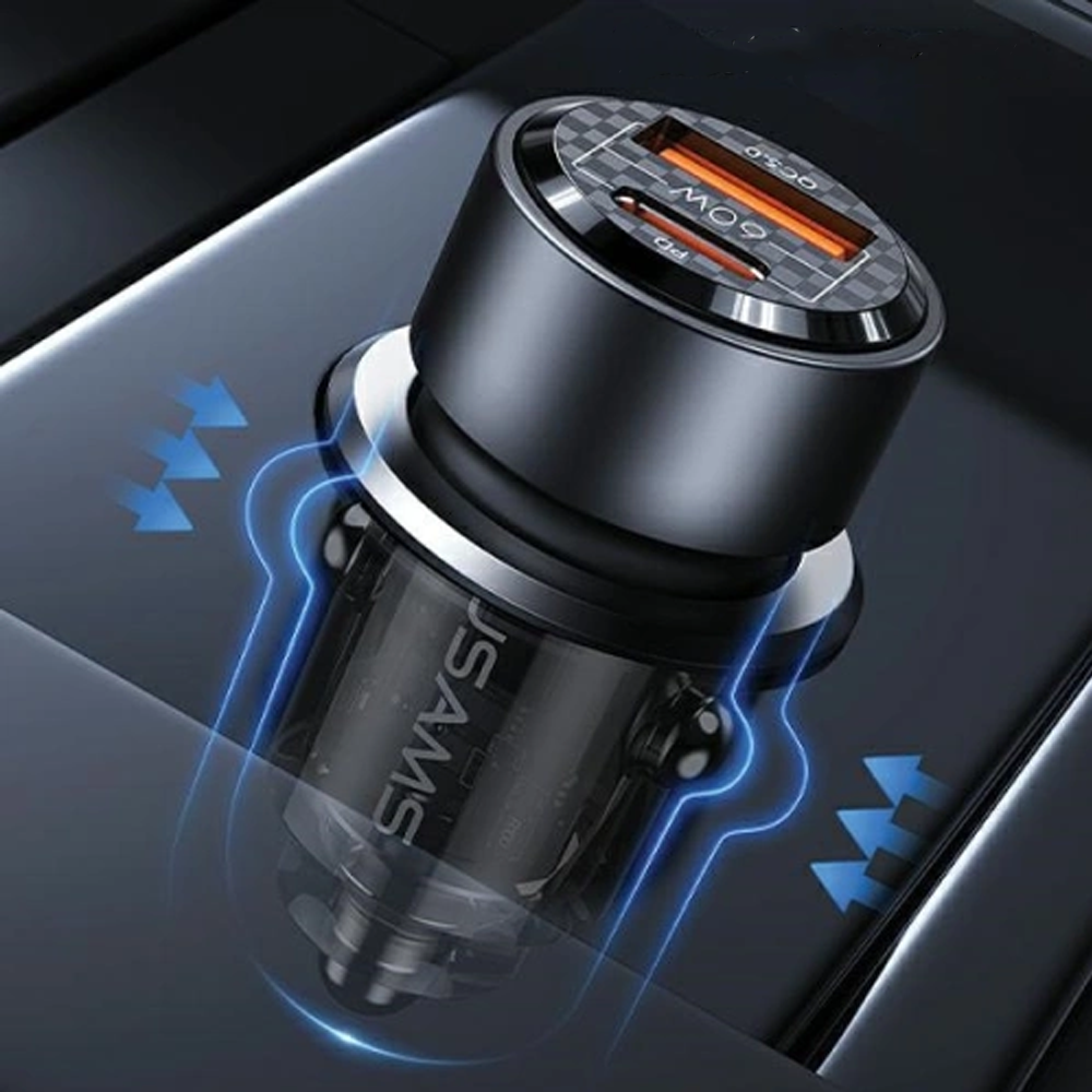 USAMS C39 CAR CHARGER USB-A, USB-C 60W BLACK