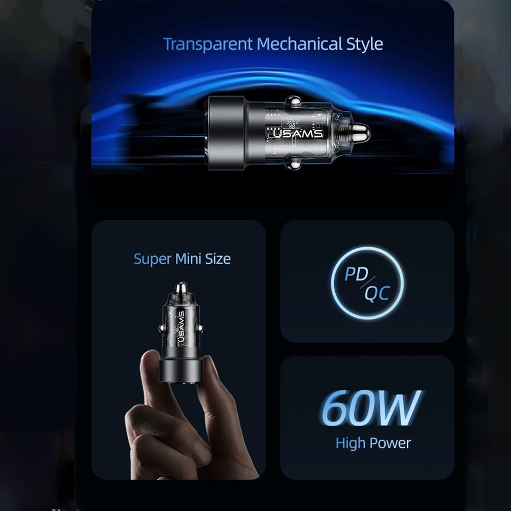 USAMS C39 CAR CHARGER USB-A, USB-C 60W BLACK