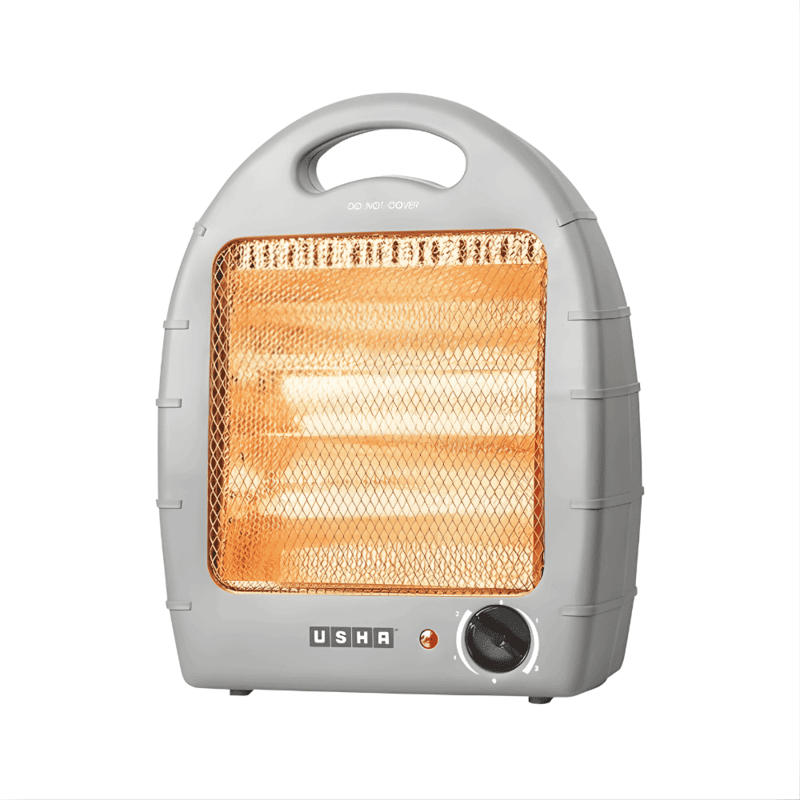 Front view of the white USHA Halogen Heater HH 4002 showing the safety safety grill.