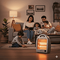 USHA HH 4002 room heater standing upright on a floor during winter.