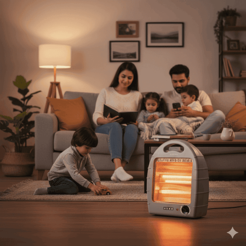 USHA HH 4002 room heater standing upright on a floor during winter.