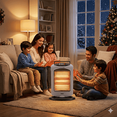 USHA HH 4003 halogen heater featuring tip-over switch protection and overheating safety.