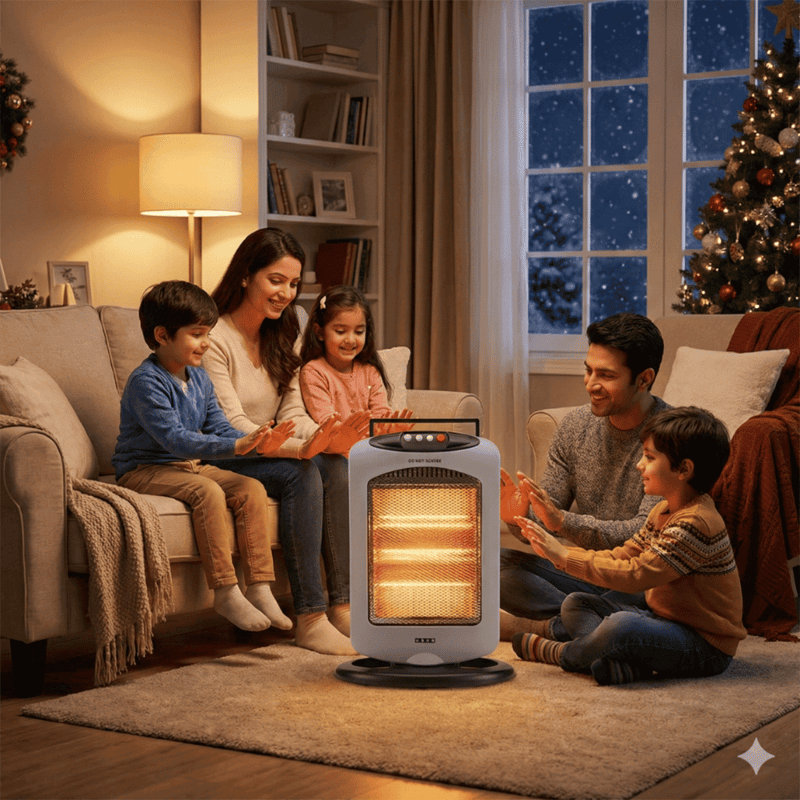 USHA HH 4003 halogen heater featuring tip-over switch protection and overheating safety.