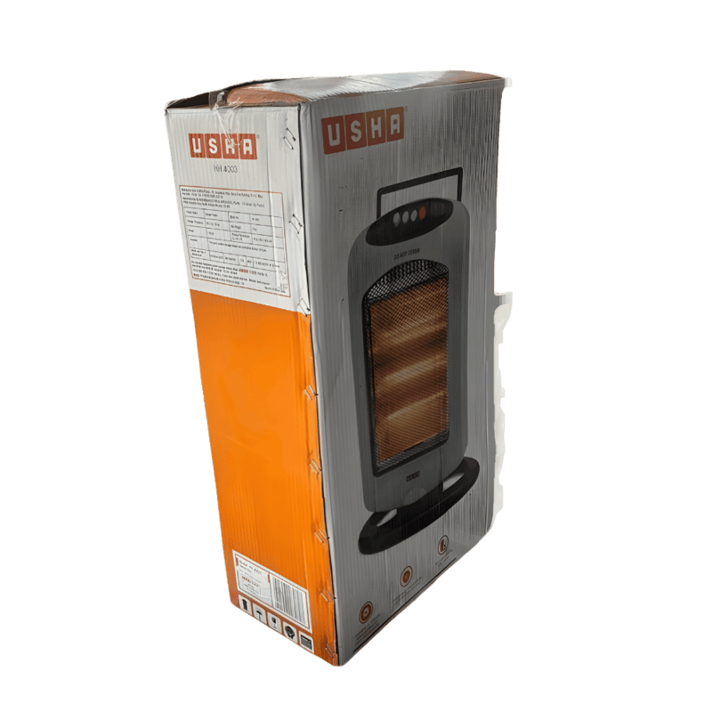 Glowing heating elements of the USHA HH 4003 halogen heater during operation.