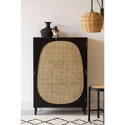 Mid-Century Modern Black & Rattan Cane Accent Cabinet with Oval Detail