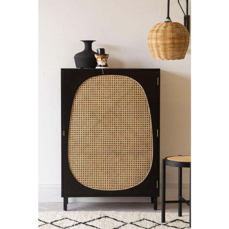 Mid-Century Modern Black & Rattan Cane Accent Cabinet with Oval Detail Mid-Century Modern Black & Rattan Cane Accent Cabinet with Oval Detail
