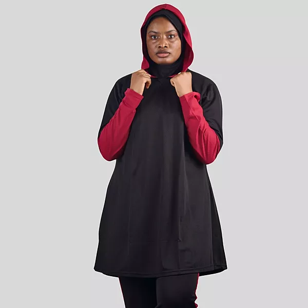 black and magenta hooded