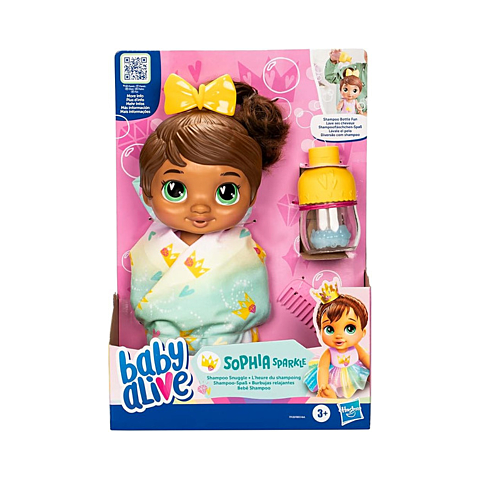Baby Alive Shampoo Snuggle Sophia Sparkle Brown Hair Dress Up Baby Doll Playset, 11 Inches - Pink