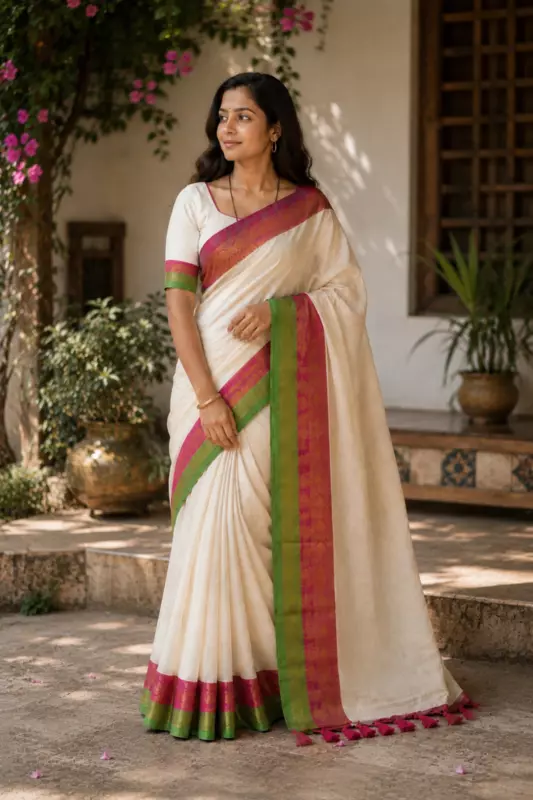 Mul cotton with Kanchi border white