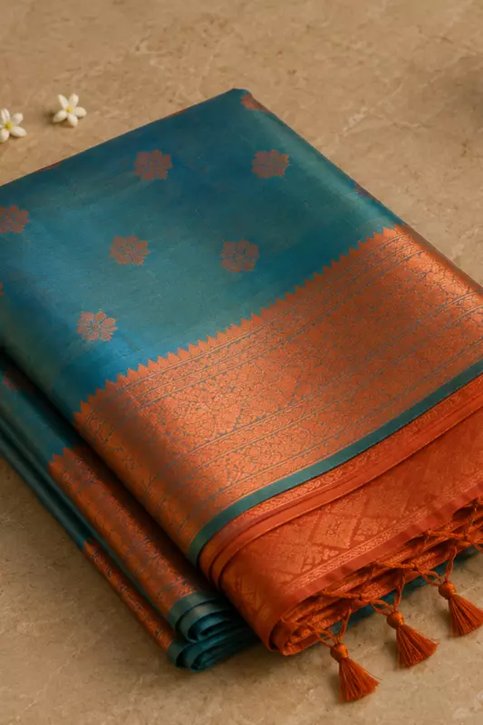 Premium Soft Silk Golden Mix Skyblue With Orange