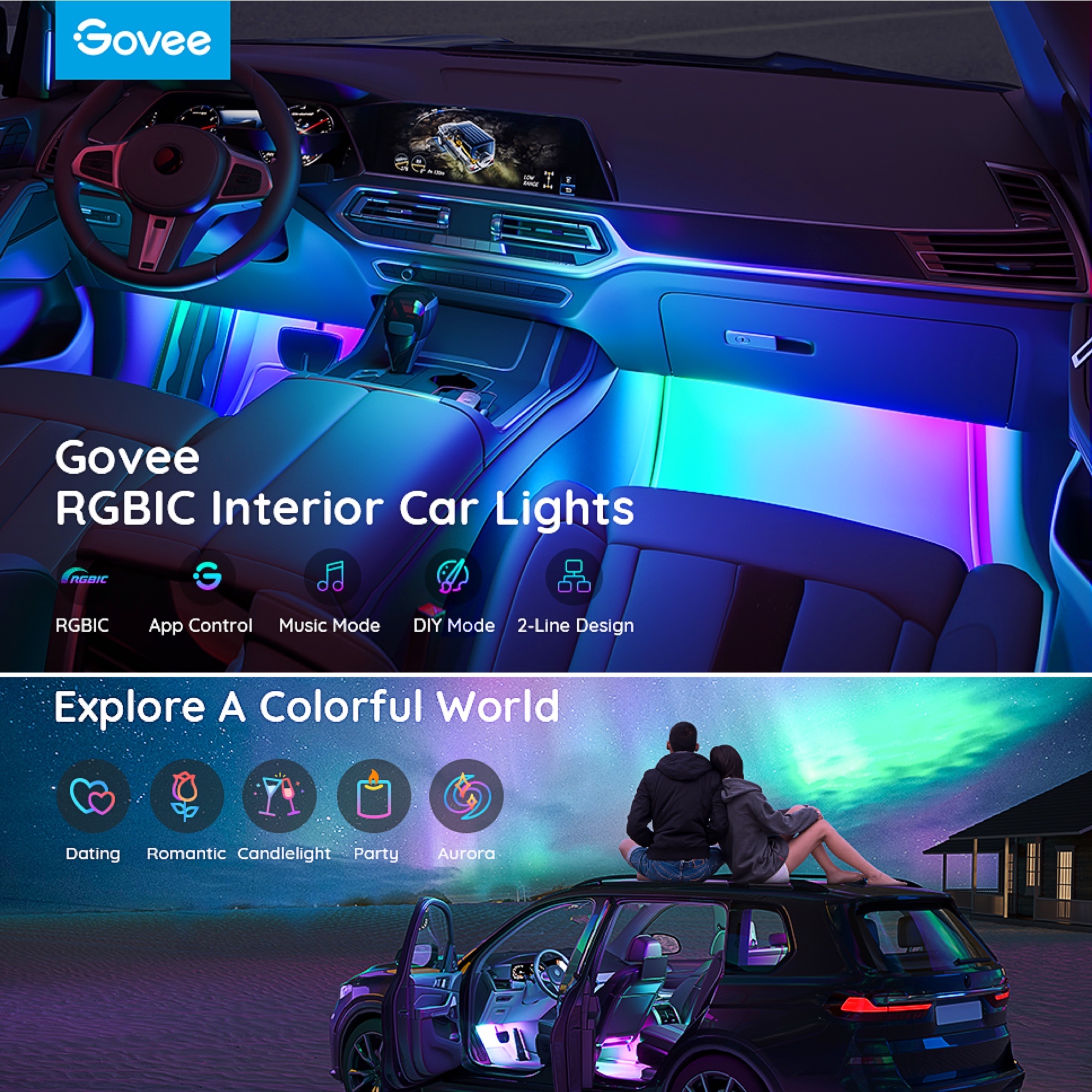 Govee RGBIC Interior Car Lights （30 Scene Mode + 4 Music Mode)--Without Remote Control